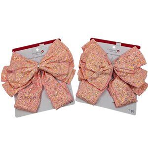 Two (2) Celebrate It Glittery Pink Holiday Big Bows NEW